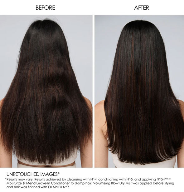 Side-by-side comparison of model's hair before and after treating with Olaplex No. 5 Leave-In Conditioner