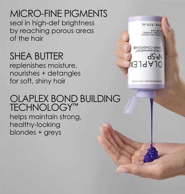 Model dispenses an application of purple Olaplex No. 5P Blonde Enhancer Toning Conditioner into palm of hand next to a list of its key ingredients: Micro-fine pigments, shea butter, and Olaplex Bond Building Technology
