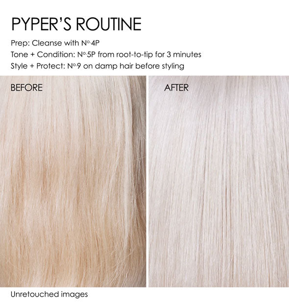 Unretouched side-by-side comparison of model Pyper's hair before and after a haircare regimen involving Olaplex No. 5P Blonde Enhancer Toning Conditioner