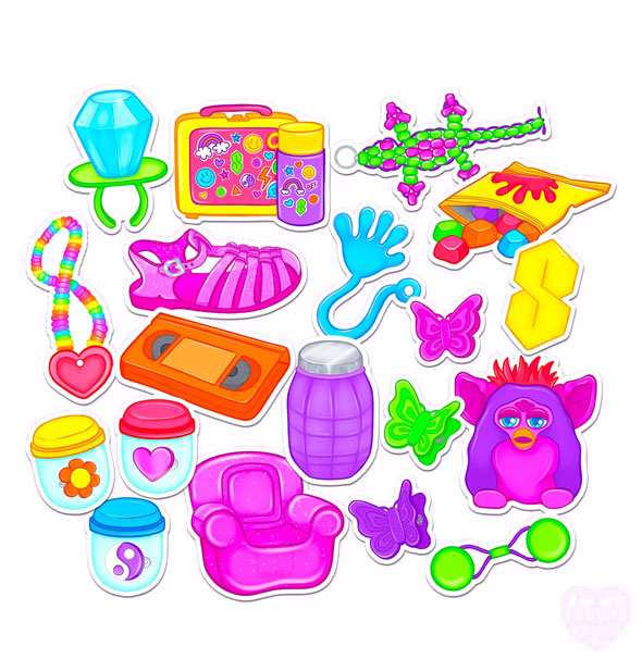 Assortment of 19 stickers depicting famous crazes and trends from the 90s, like Furby, Ring Pop, hair accessories, and more