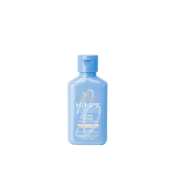 Blue 2.25 ounce bottle of Hempz Beauty Actives Ocean Breeze Herbal Body Moisturizer with Hyaluronic Acid