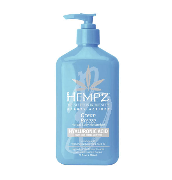 Blue 17 ounce bottle of Hempz Beauty Actives Ocean Breeze Herbal Body Moisturizer with Hyaluronic Acid