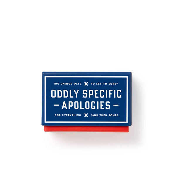 Blue and red box of Oddly Specific Apologies cards with white lettering