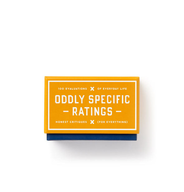 Yellow and dark blue box of Oddly Specific Ratings cards with white lettering