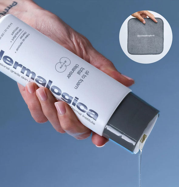 Model's hand dispenses a stream of Dermalogica Oil to Foam Total Cleanser; in a bubble inset at top right another model's hand holds a square gray Dermalogica cleansing towel