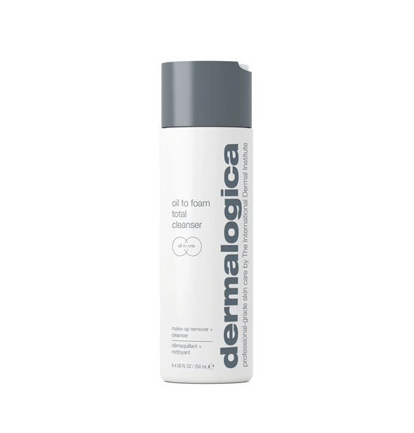 White 8.4 ounce bottle of Dermalogica Oil to Foam Total Cleanser with gray cap and lettering