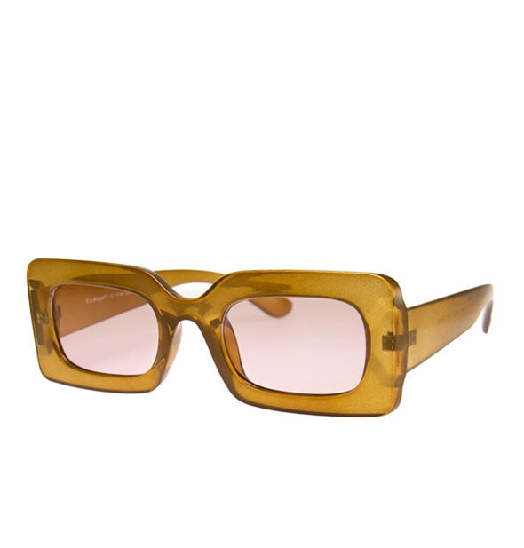 Pair of square, thick-framed olive brown sunglasses with a light pinkish lens