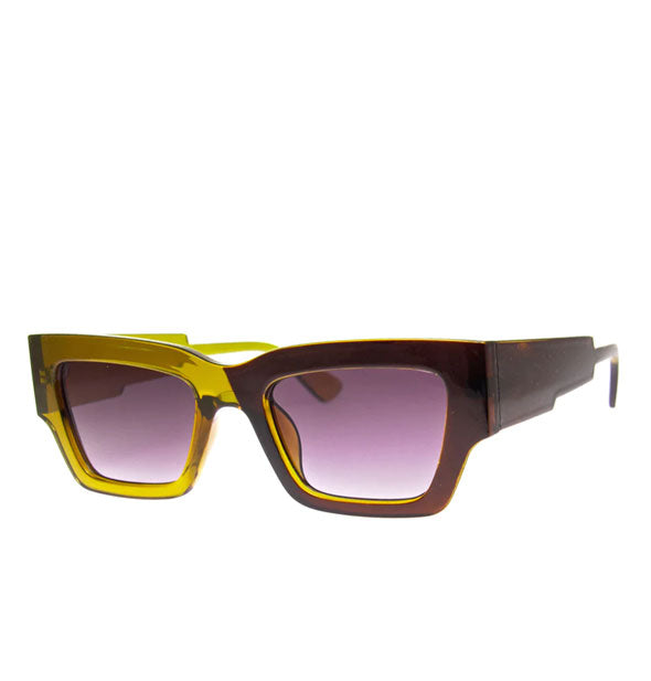 Pair of square sunglasses with a half olive green, half brown frame and ultra-thick temple arms