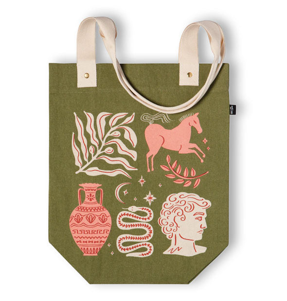 Olive green tote bag with beveled bottom corners and white straps features Greek-inspired designs of an olive branch, Pegasus, urn, serpent, and sculptural bust