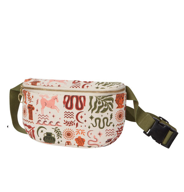 White fanny pack-style bag with all-over monochromatic Ancient Greece-inspired illustrations has an adjustable olive belt with black clasp