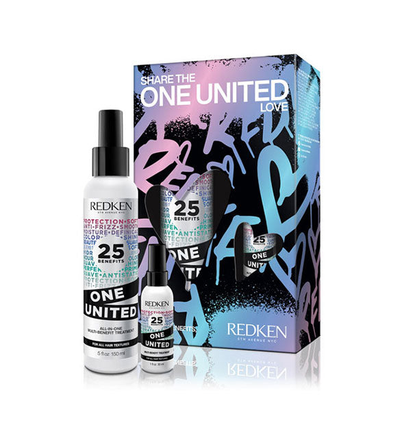 Redken Share the One United Love gift set box with contents: 5 ounce and 1 ounce bottles of Redken's One United All-In-One Multi-Benefit Treatment spray