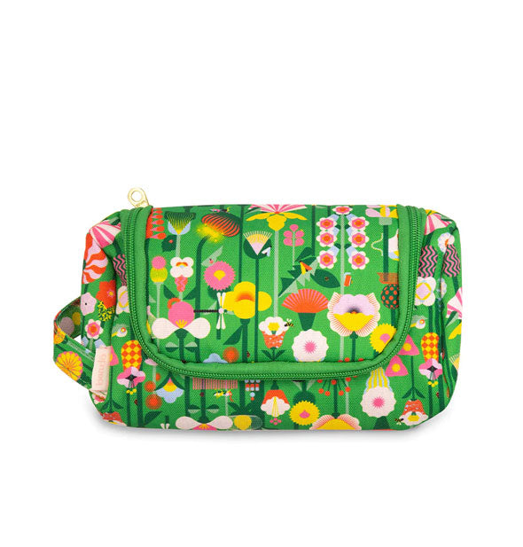 Rectangular green pouch with colorful all-over floral artwork, green zipper, and side carrying loop
