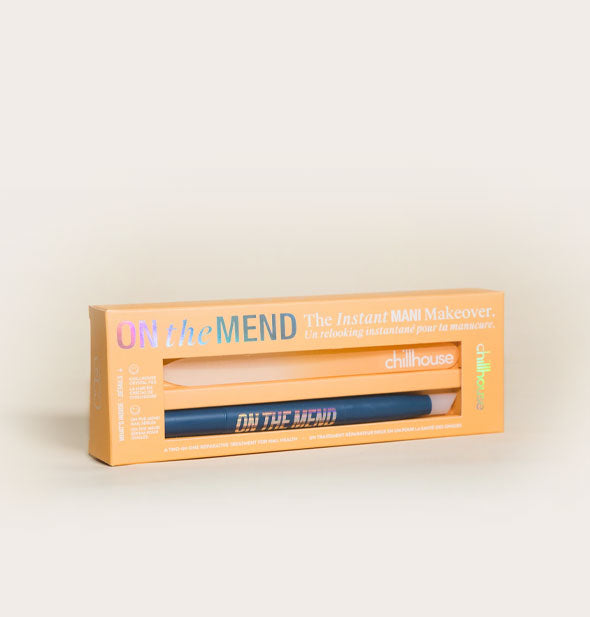 Orange box of On the Mend Mani Makeover by Chillhouse with tools visible through windows in packaging