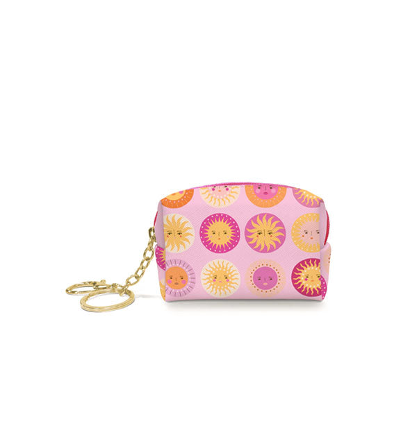 Small pink pouch with sun face pattern and gold keychain hardware attached