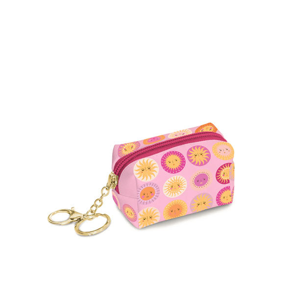 Sun face keychain pouch features a dark pink zipper