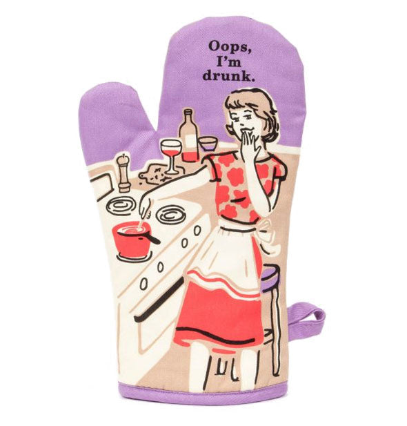 Purple oven mitt with retro-style illustration of a woman cooking in a kitchen with wine nearby says, "Oops, I'm drunk."