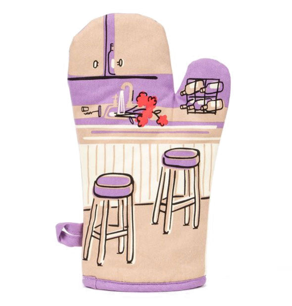 Oven mitt with all-over retro-style illustration of a messy kitchen scene including wine rack, corkscrew, and flowers laying on their side