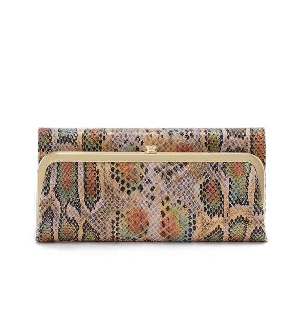 Folded multicolored snakeskin print leather wallet with gold frame hardware