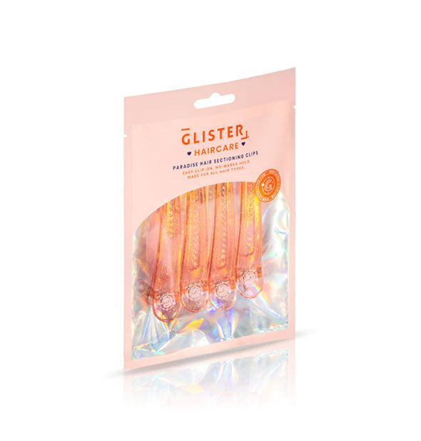 Pack of four orange glitter Glister Haircare Paradise Hair Sectioning Clips with holographic packaging interior