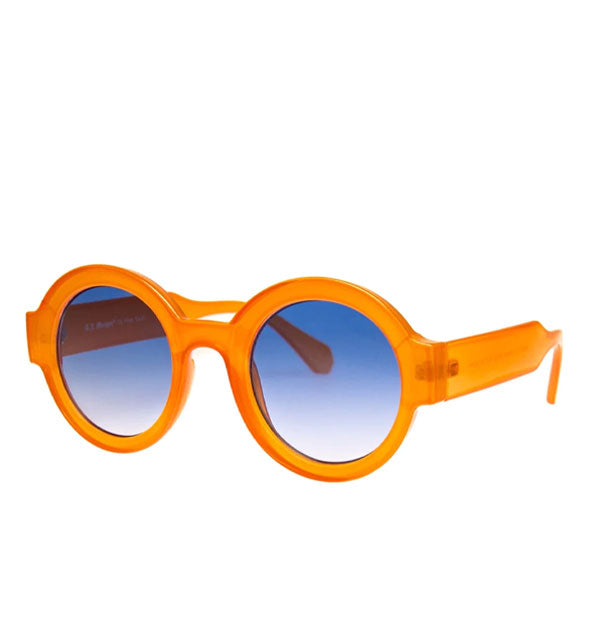 Round orange sunglasses with blue gradient lenses