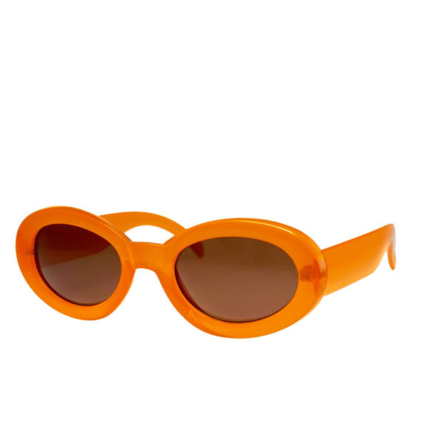 Rounded thick-framed orange sunglasses with brown lenses