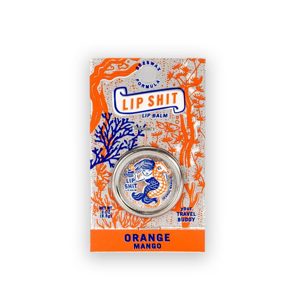 Pot of Orange Mango Lip Shit Lip Balm on product card features monochromatic illustration of a mermaid with seahorse brushing her hair and a background of coral, kelp, and underwater life