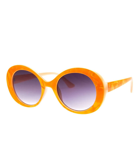 Pair of round wide-rimmed sunglasses with a swirly orange finish