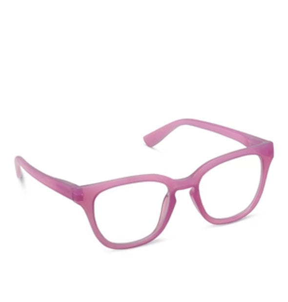 Pair of orchid pink reading glasses with squarish frame shape