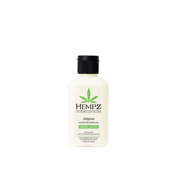 White 2.25 ounce bottle of Hempz Original Herbal Body Moisturizer with black and green lettering and design accents