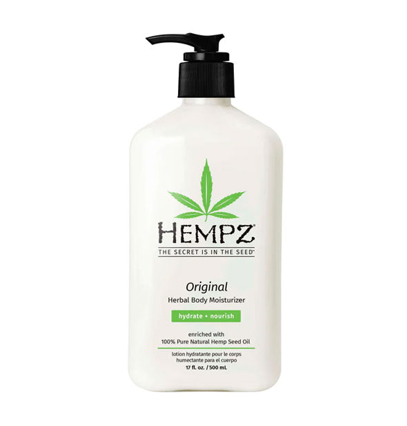 White 17 ounce bottle of Hempz Original Herbal Body Moisturizer with black and green lettering and design accents