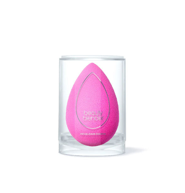 Pink teardrop-shaped Beautyblender in clear packaging
