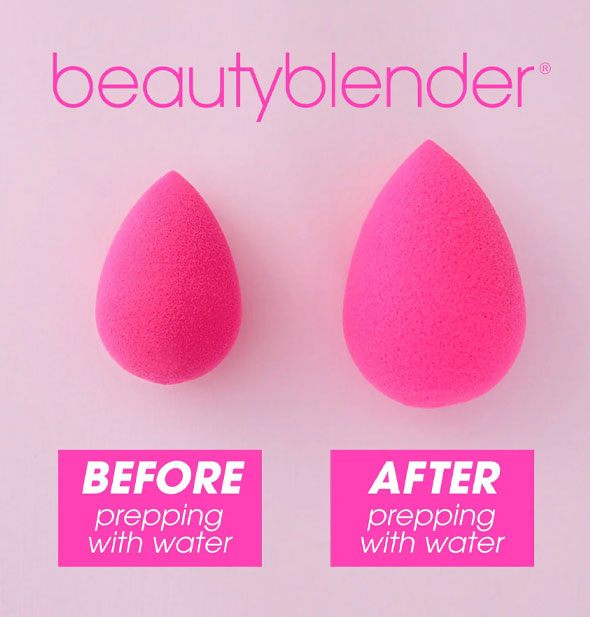 Beautyblender shown before and after prepping with water demonstrates an increase in its overall volume