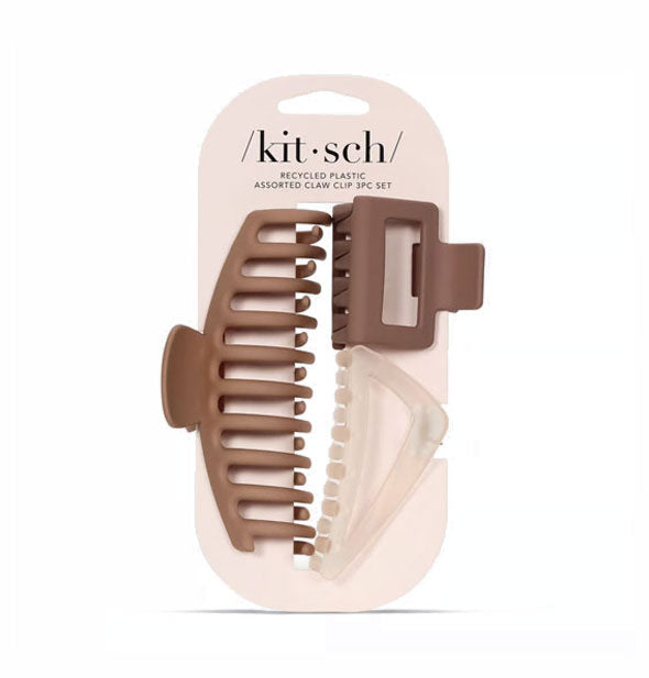 Set of three Recycled Plastic Claw Clips on Kitsch product card: one large matte brown, one rectangular open shape matte brown, and one triangular matte translucent