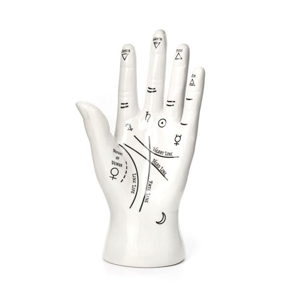 White ceramic hand figurine features printed black palmistry symbols and lines