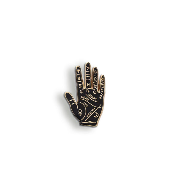 Black and gold palmistry enamel pin with heart, head, life, and health lines