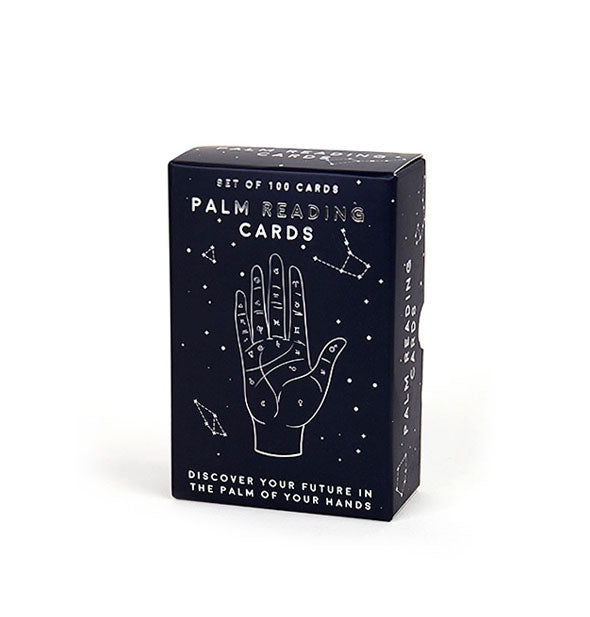 Black box of Palm Reading Cards with silver and white design elements