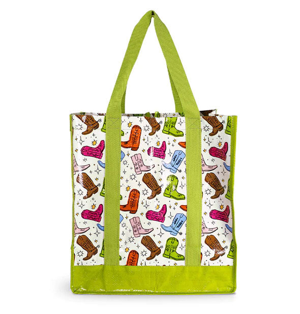 White tote bag with green bottom and reinforced straps features all-over print of colorful cowboy boots accented by stars