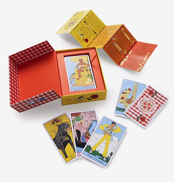 Box, cards, and fold-out instruction guide belonging to The Pasta Tarot set