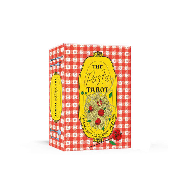Box of The Pasta Tarot cards with central spaghetti illustration surrounded by red gingham tablecloth pattern