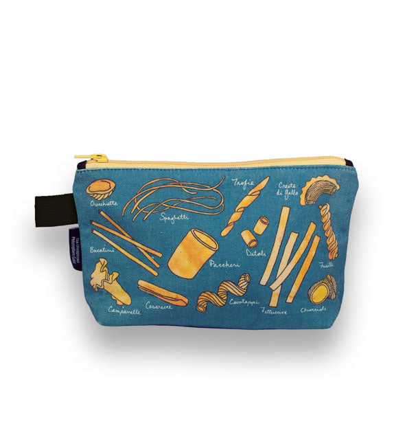 Teal canvas pouch with black tab and yellow zipper features all-over illustrations of different types of pasta labeled with their names in small white script