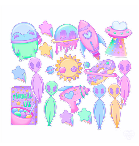 Set of 18 stickers in pastel shades depicting space-themed designs like UFO, rocket, aliens, planets, and more