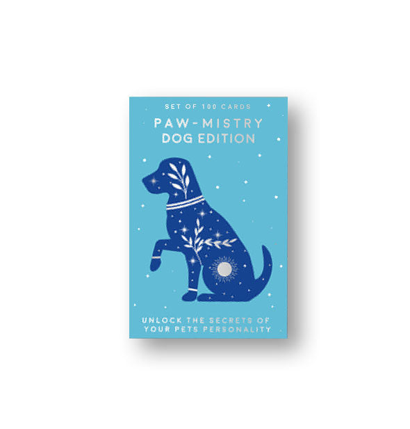 Blue box of Dog Edition Paw-Mistry Cards with holographic lettering and symbols inside of a dark blue dog silhouette