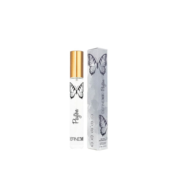 Slender tube of Payton perfume by DefineMe with gray box, both adorned with dark gray butterfly graphics