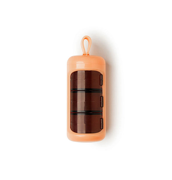 Orange Care Capsule Pill & Vitamin Pod with silicone hanging loop and three sections with black lids
