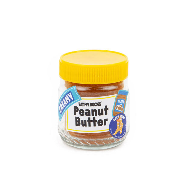 Clear jar of crew socks that resembles Creamy Peanut Butter packaging with yellow lid