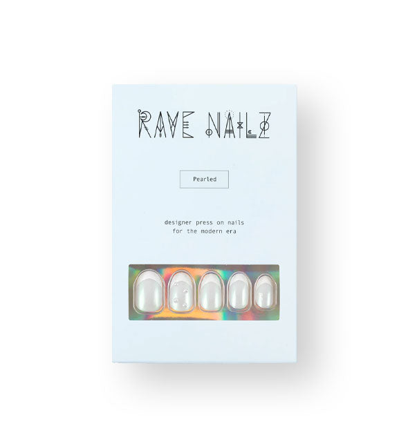 Light blue pack of Rave Nailz Pearled press on nails with sample nails seen through bottom window in packaging
