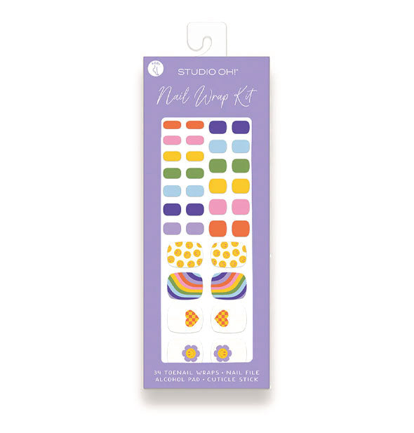 Purple Nail Wrap Kit packaging for pedicure includes rainbow designs for toenails