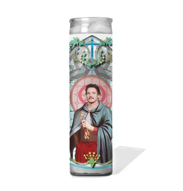 Prayer candle with image of Pedro Pascal