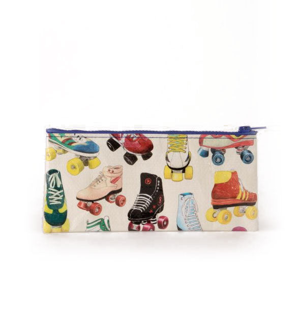 Rectangular white pouch with blue top zipper and colorful all-over illustrations of rollerksates