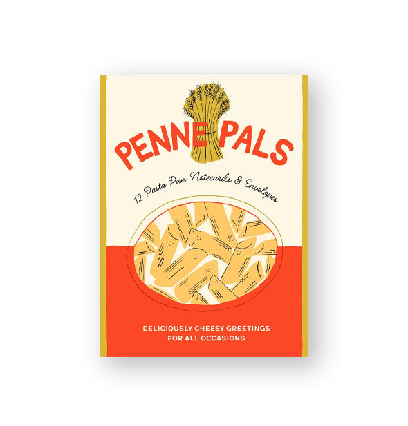 Box of Penne Pals: 12 Pasta Pun Notecards & Envelopes is designed to resemble a package of penne pasta